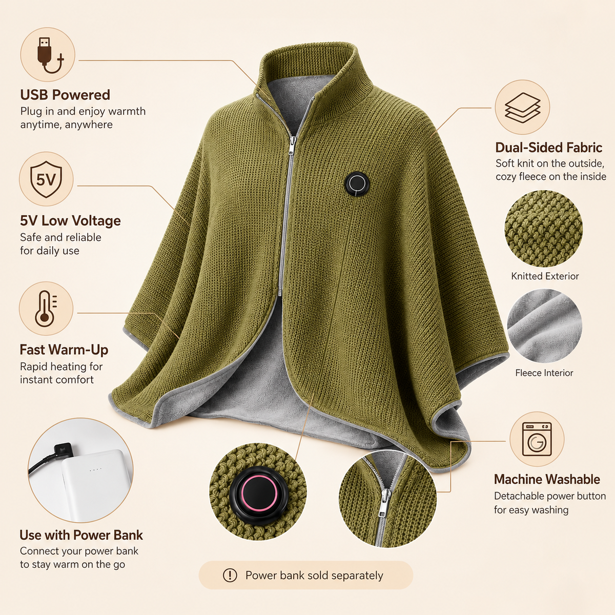 Wearable Heated Shawl 3 Heat Levels Portable Thermal Wrap-ddh