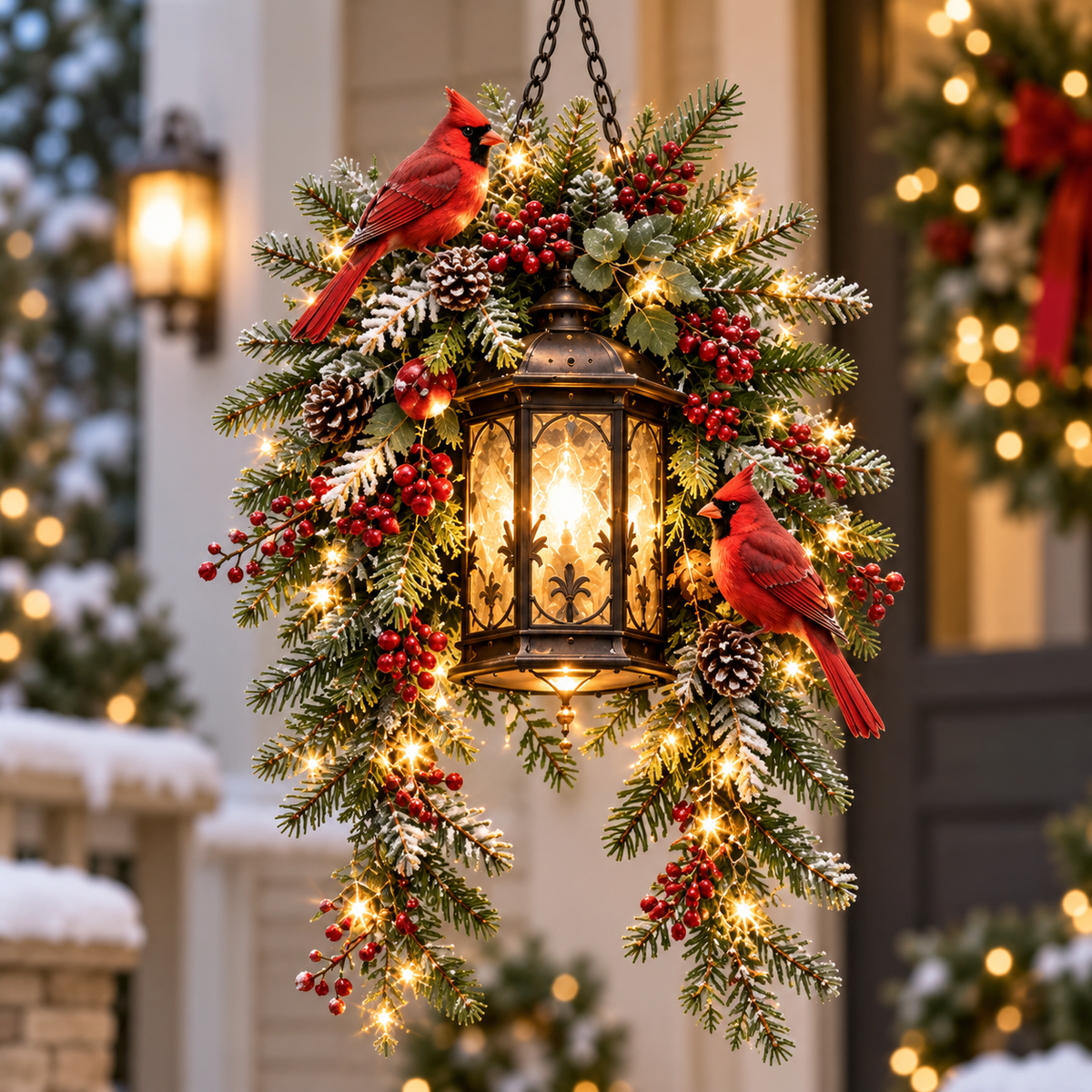 🎄 Christmas Porch Glow™ – Pre-Lit Holiday Lantern & Evergreen Decor-ddh