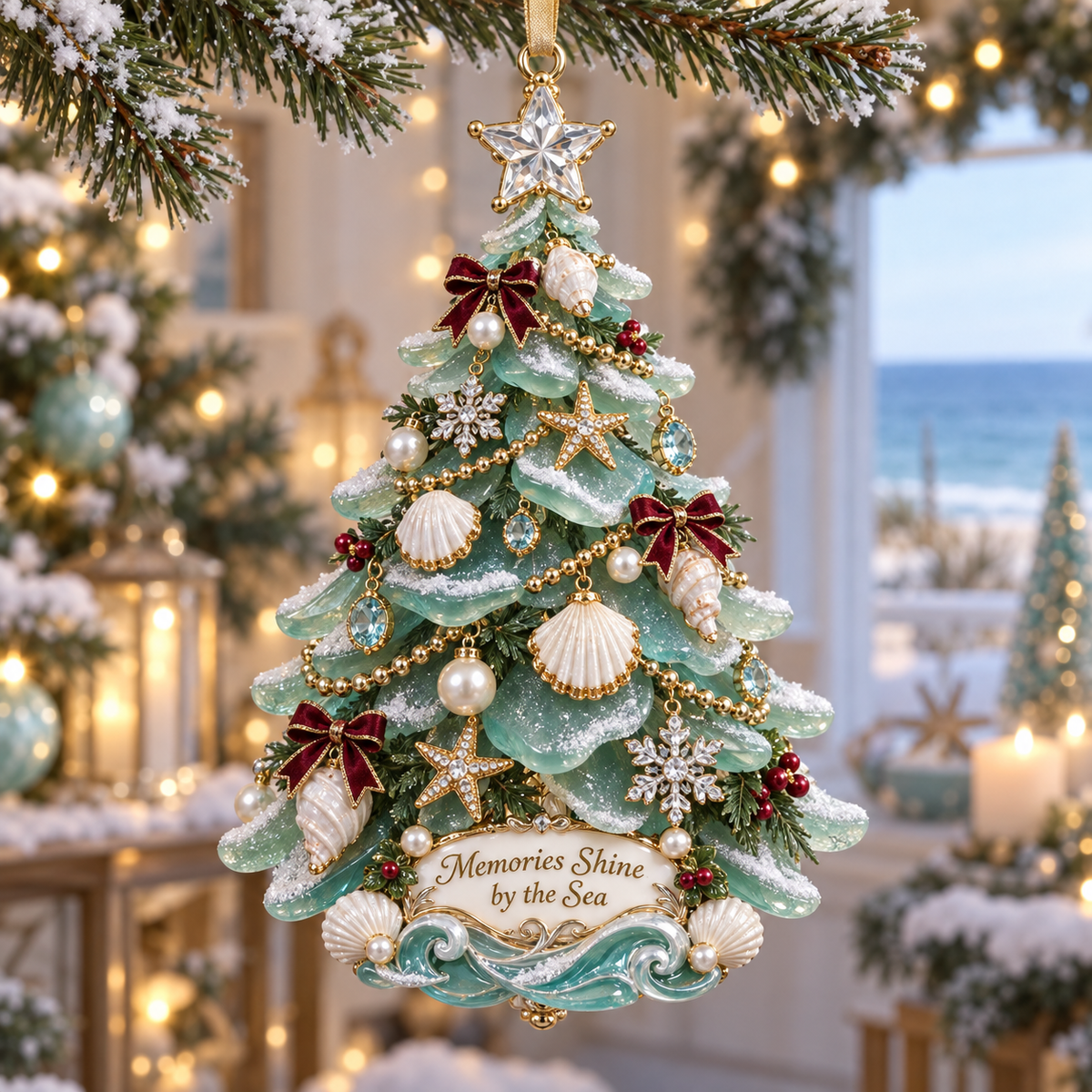 Handcrafted coastal sea glass Christmas tree ornament