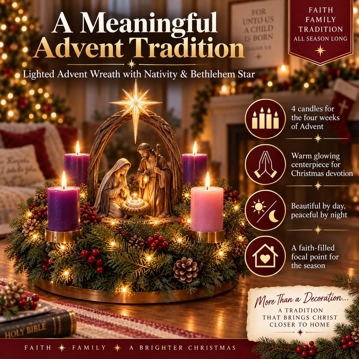 ✝️ Lighted Nativity Advent Wreath – A Sacred 4-Week Christmas Tradition🕯️-ddh