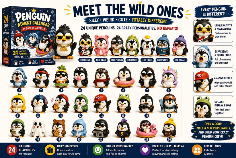 🐧 24 Days of Penguin Surprises Advent Calendar – 24 Unique Penguins, 3 Fun Editions-ddh