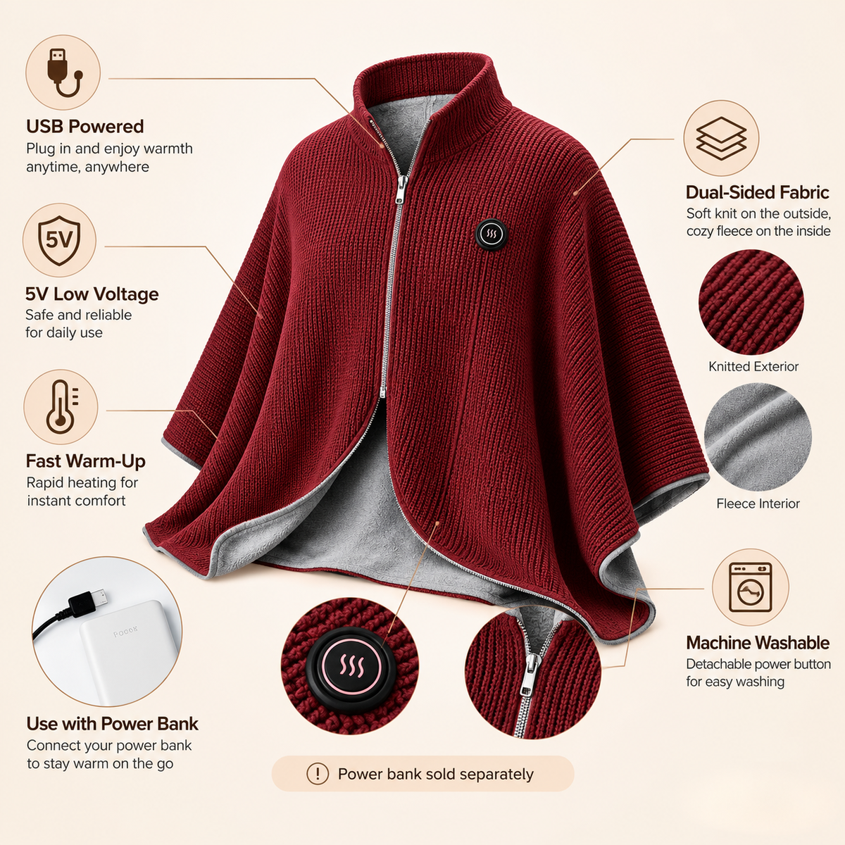 Wearable Heated Shawl 3 Heat Levels Portable Thermal Wrap-ddh