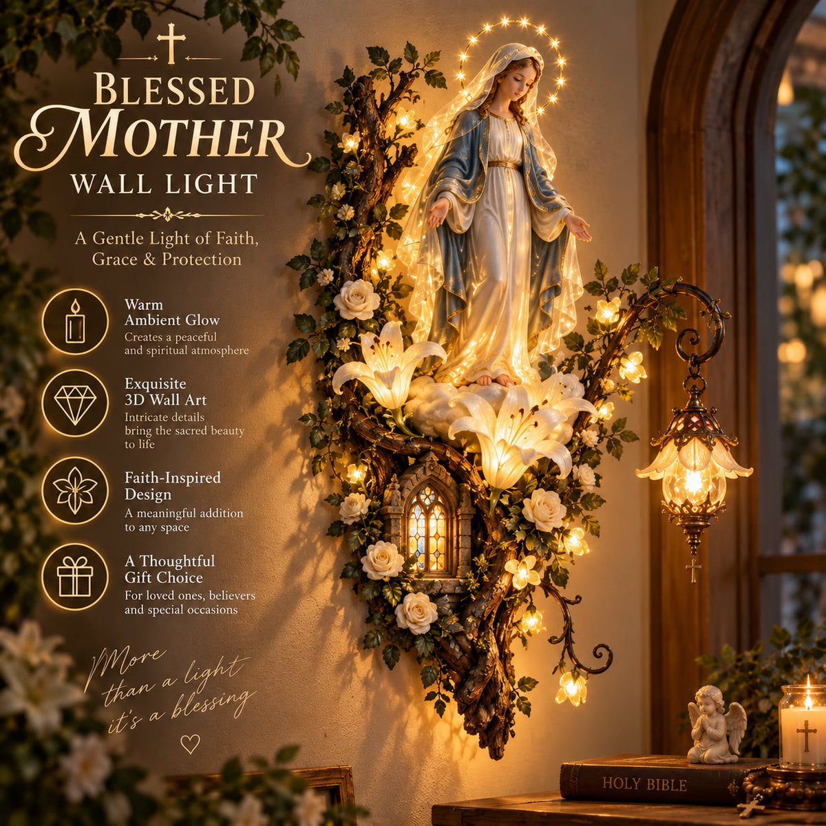 🙏✨ Blessed Mother Lighted Wall Décor | Virgin Mary 3D Religious Wall Art with Warm Ambient Glow-ddh