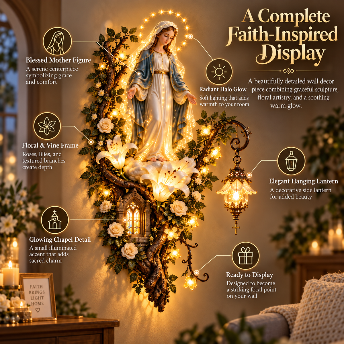 🙏✨ Blessed Mother Lighted Wall Décor | Virgin Mary 3D Religious Wall Art with Warm Ambient Glow-ddh