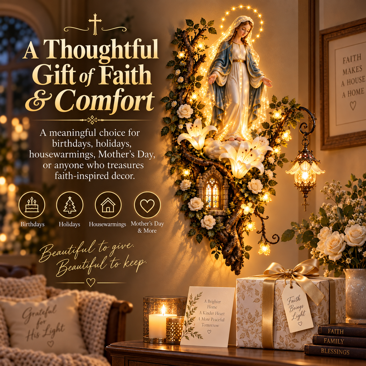 🙏✨ Blessed Mother Lighted Wall Décor | Virgin Mary 3D Religious Wall Art with Warm Ambient Glow-ddh