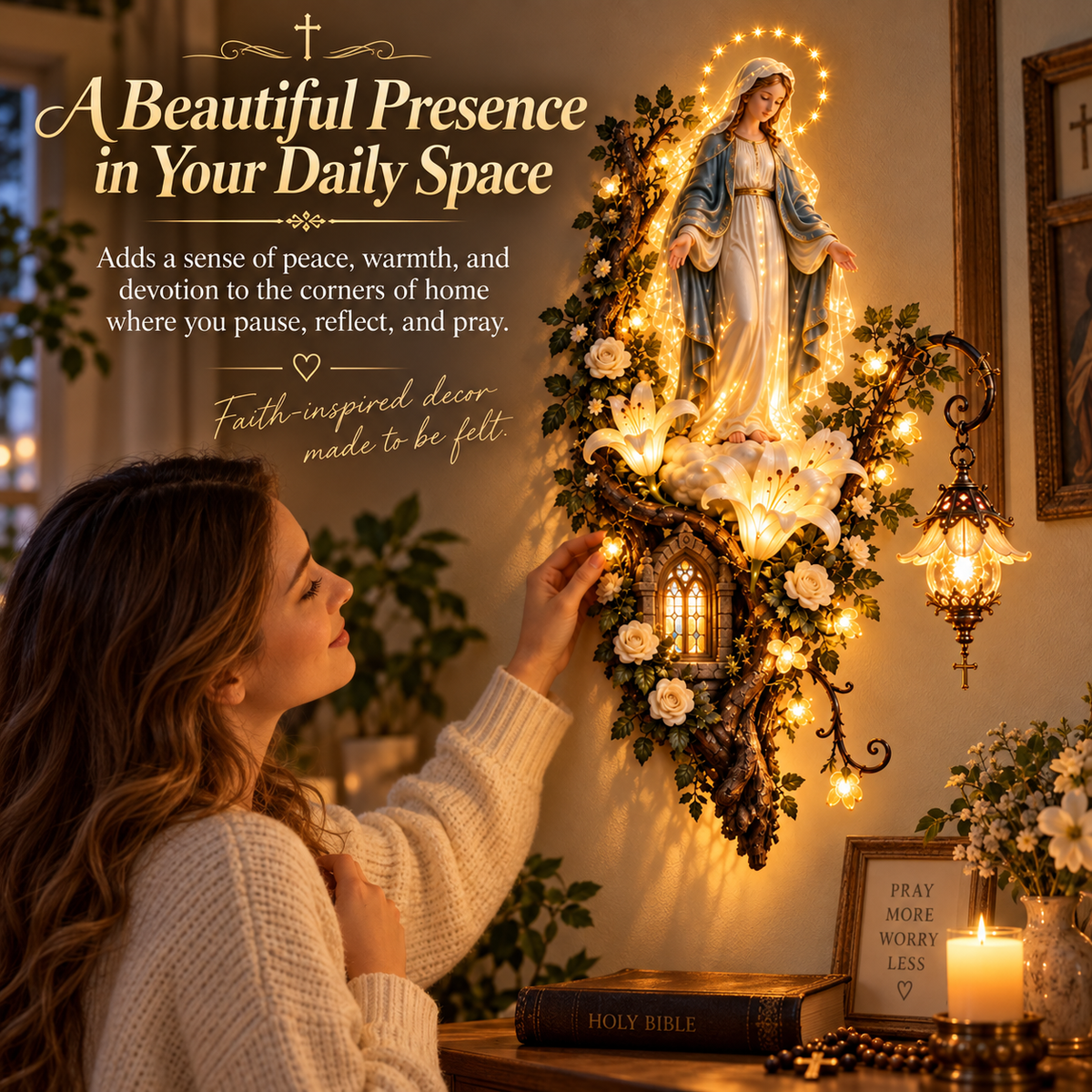 🙏✨ Blessed Mother Lighted Wall Décor | Virgin Mary 3D Religious Wall Art with Warm Ambient Glow-ddh